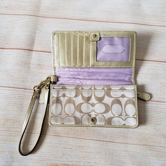 Coach Fabric Leather Logo Wristlet Wallet Metallic Gold Tan Fun Print - Picture 11 of 16